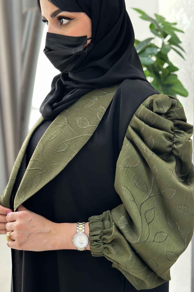 Wing-Collar Abaya with Smocked Puff Sleeves in Navy Embroidered Fabric